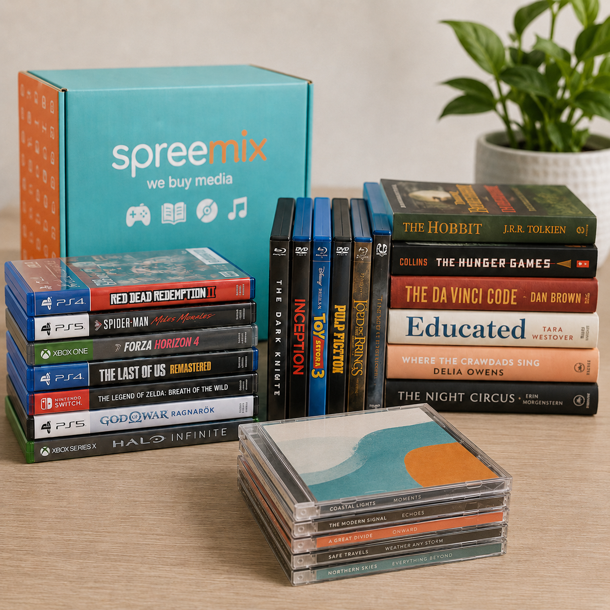 Spreemix we buy media box beside stacks of used video games, DVDs, Blu-rays, books, and CDs ready to sell